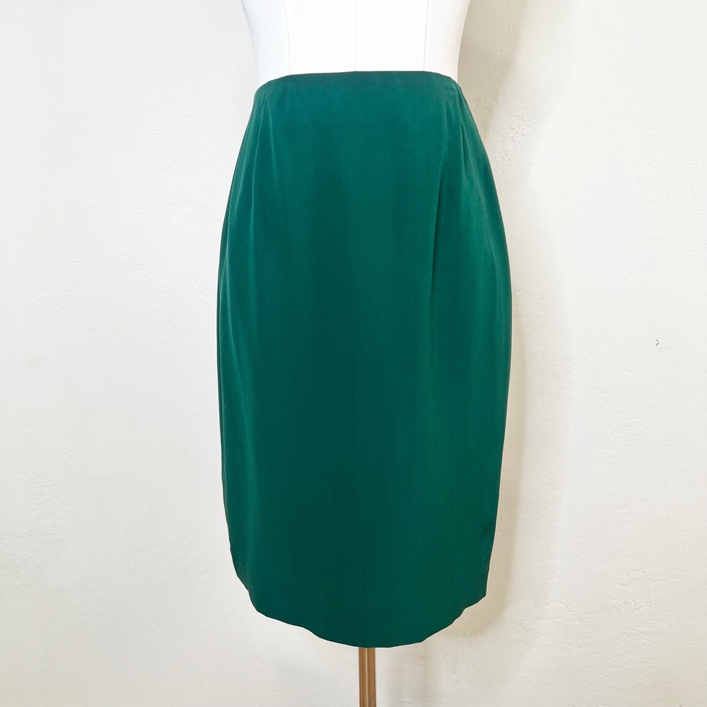 Smooth Premier Petites Emerald Green 100% Silk Pencil Skirt Vintage Size 4P‎